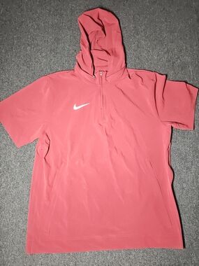 Nike Hoodie Mens L Red Short Sleeve 1/4 Zip Hidden Hood Coach